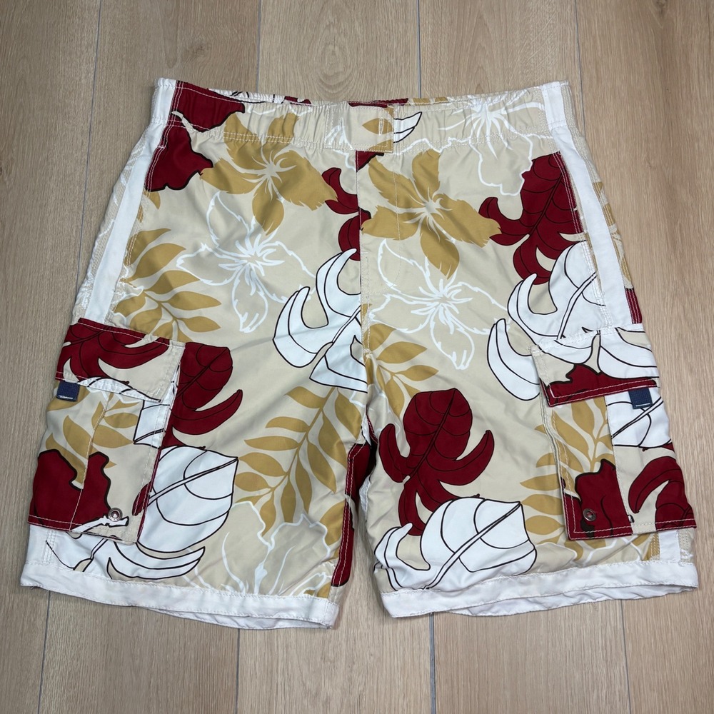 Aeropostale Y2K Aero Surf Mens Medium Tropical Floral Cargo Board Shorts Tan Red